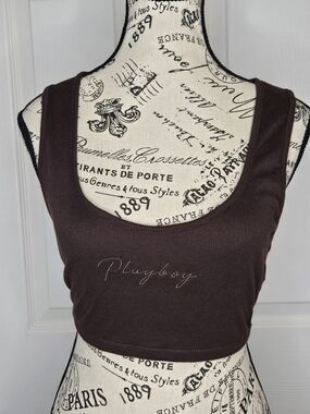 Playboy Chocolate Brown Ribbed Crop Tank Top Size XL